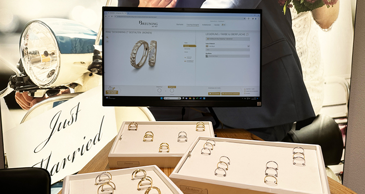 3D-Trauring-Konfigurator und Trauring-Auswahl bei Optik und Schmuck Osswald in Burgau – individuelle Eheringe in Gold und Platin mit verschiedenen Designs und Oberflächen.